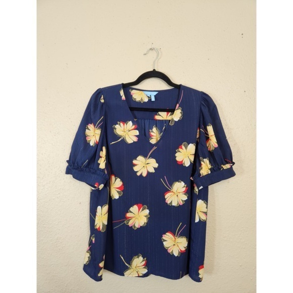 Draper James Floral Blouse Puff Sleeve Ruffle Cuff Navy Blue With Shimmer Top L